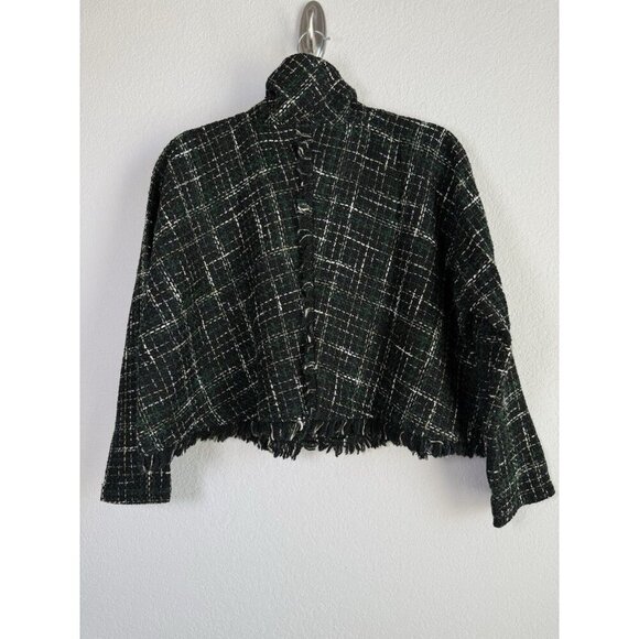 ZARA WOMAN Tweed Fringed Mock Neck Front Cropped Jacket Plaid Black Green Size M - Picture 3 of 11